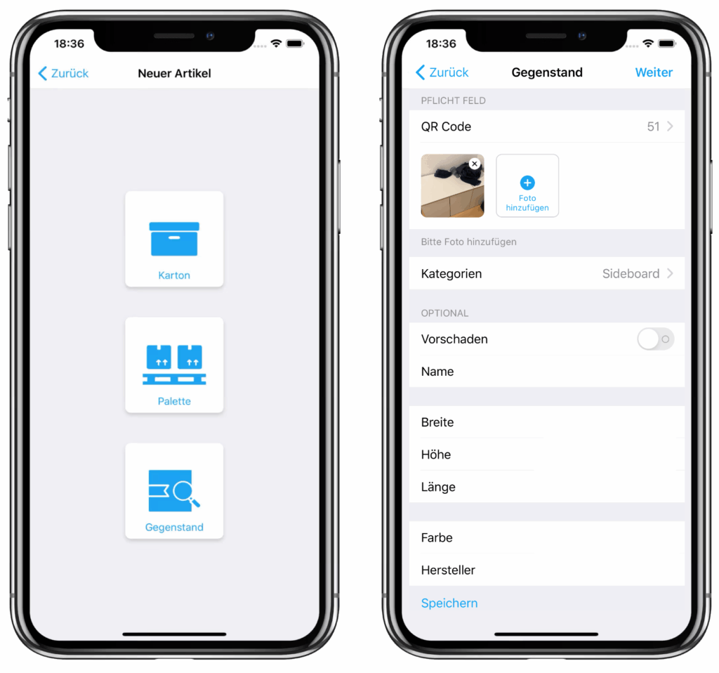 Zwei Smartphone-Bildschirme zeigen eine Logistik-App WAREHOUSE+. Der linke Bildschirm bietet Optionen: „Karton“, „Palette“, „Gegenstand“. Der rechte Bildschirm zeigt Details zum Artikel an.