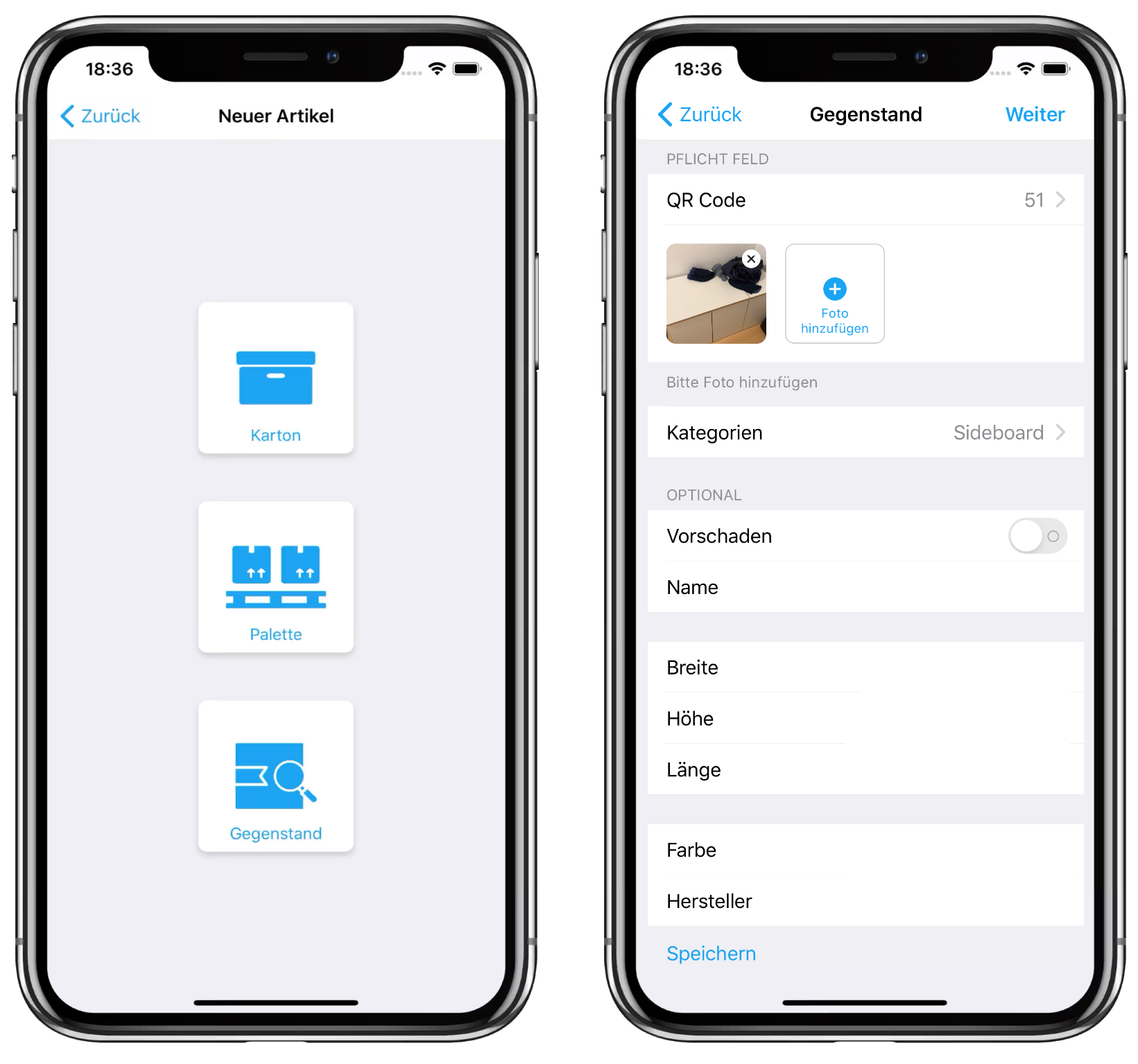 Zwei Smartphone-Bildschirme zeigen eine Logistik-App WAREHOUSE+. Der linke Bildschirm bietet Optionen: „Karton“, „Palette“, „Gegenstand“. Der rechte Bildschirm zeigt Details zum Artikel an.