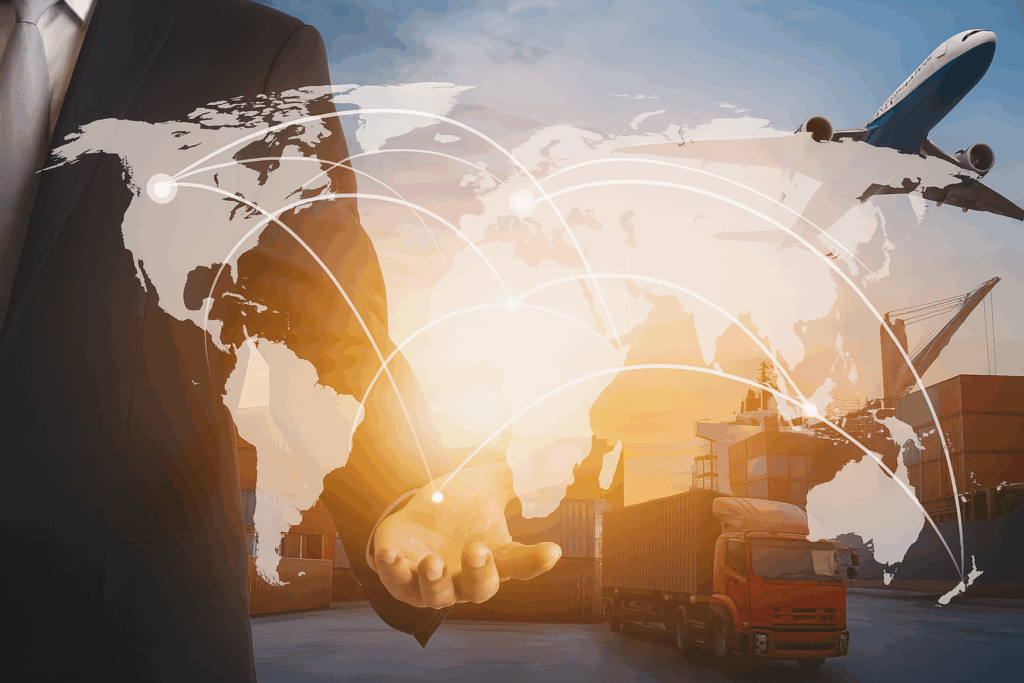 Geschäftsmann im Anzug hält einen Globus mit miteinander verbundenen Linien in der Hand, der den globalen Handel symbolisiert.