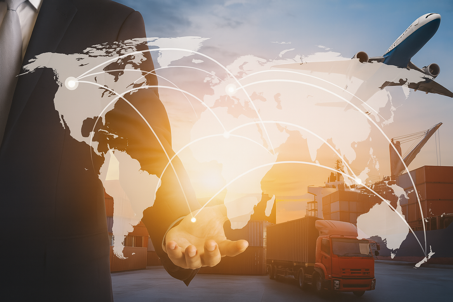 Geschäftsmann im Anzug hält einen Globus mit miteinander verbundenen Linien in der Hand, der den globalen Handel symbolisiert.